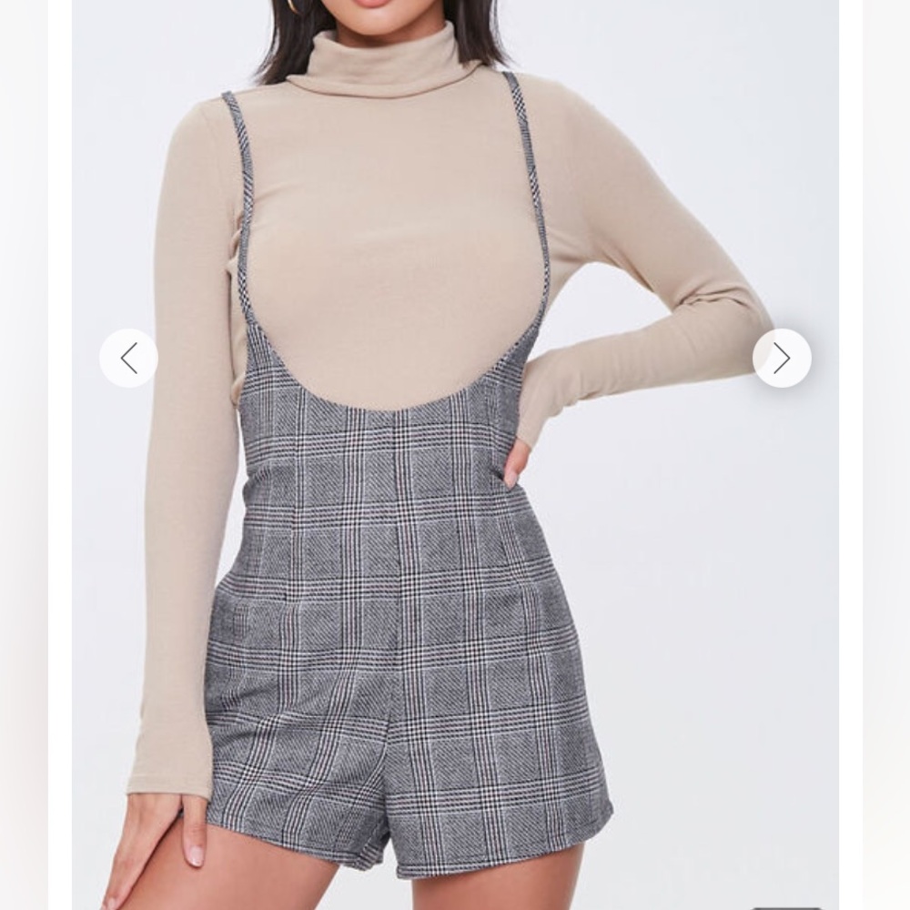 NEW FOREVER 21 GLEN PLAID OVERALL SHORTS ROMPER SZ M